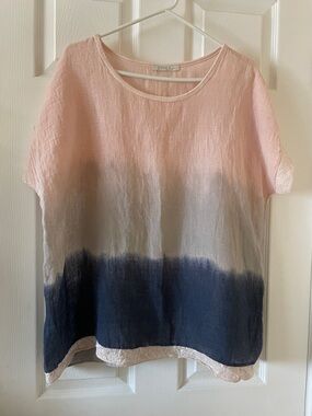 Beautiful blush pink and navy blue ombré linen blend blouse